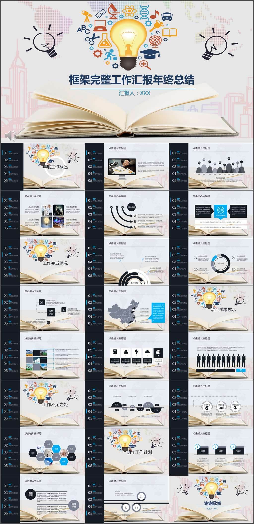 卡通風(fēng)格框架完整工作匯報年終總結(jié)PPT模板 