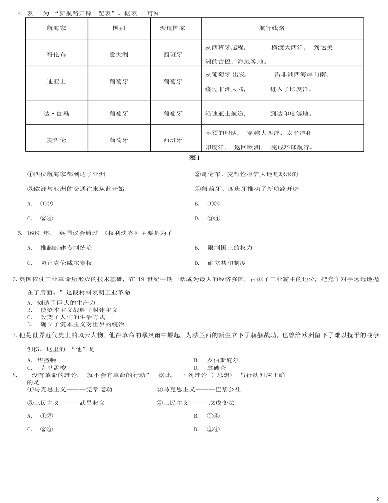 四川省雅安市2016年中考?xì)v史真題試題（含答案）