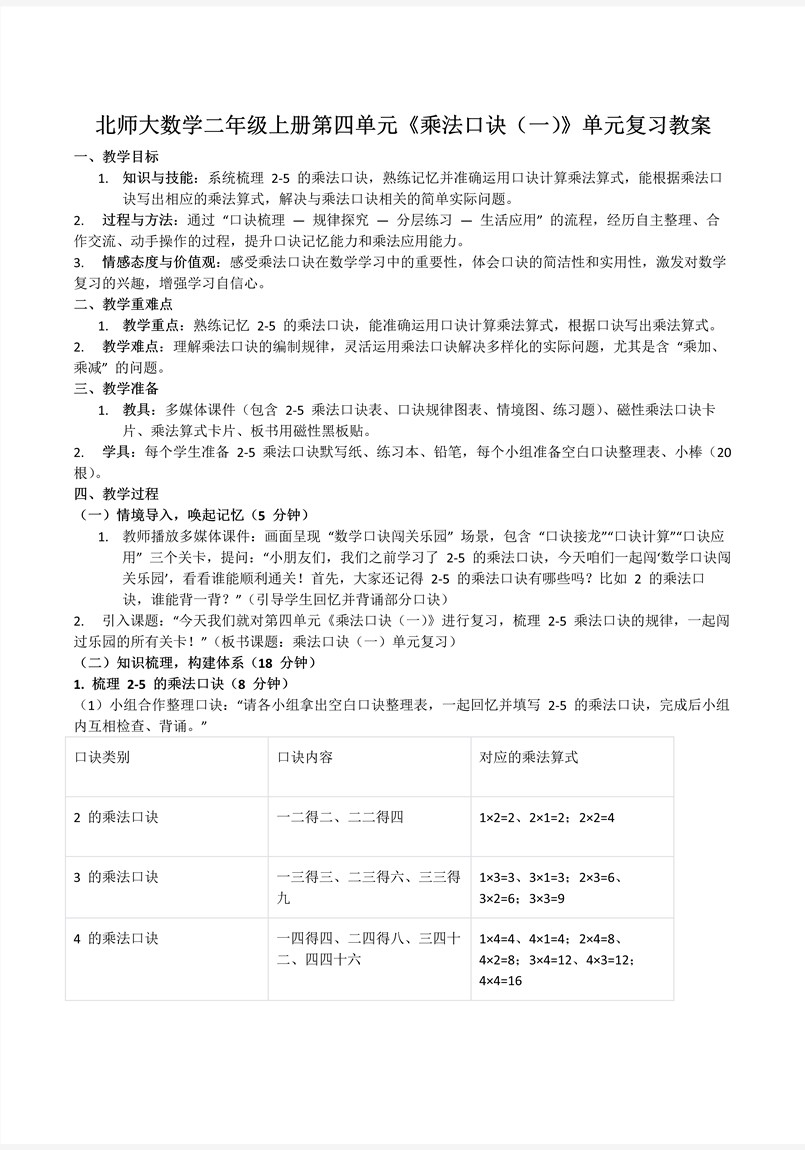 第四单元 乘法口诀（一）北师大数学二年级上册单元复习PPT课件含教案教案图片
