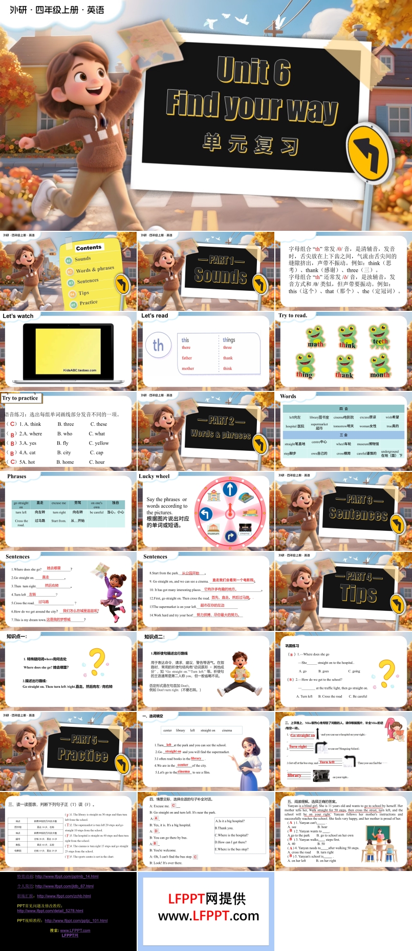 Unit 6 Find your way. (复习课件)四年级英语上册外研（新教材）PPT课件含知识清单