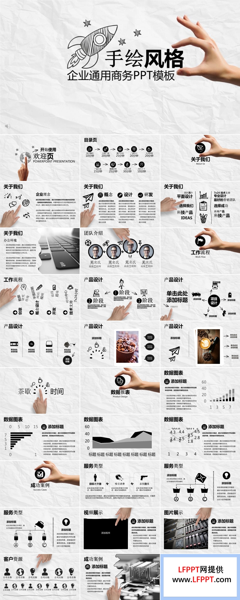 手绘风格手势动画企业通用商务总结汇报PPT模板
