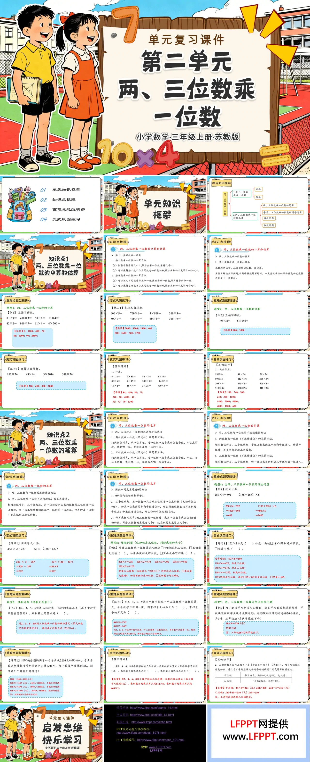 第二單元 兩、三位數(shù)乘一位數(shù)（復(fù)習(xí)課件）三年級(jí)數(shù)學(xué)上冊(cè)蘇教ppt課件（知識(shí)清單+單元測(cè)試）