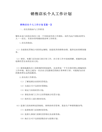 销售店长个人工作计划
