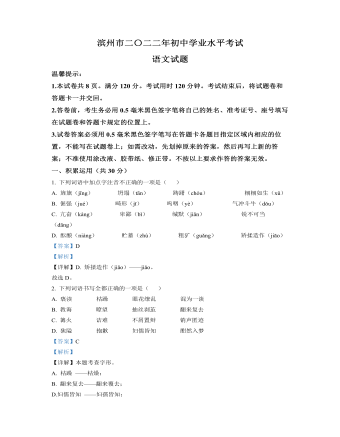 2022年山东省滨州市中考语文真题(解析版)