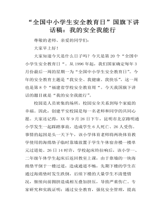 “全国中小学生安全教育日”国旗下讲话稿:我的安全我能行