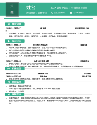 绿色简约风简历应聘销售专员