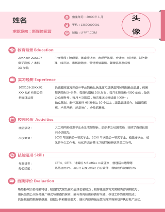粉色简约新媒体运营简历