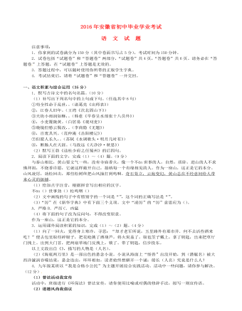 安徽省2016年中考语文真题试题(含答案)