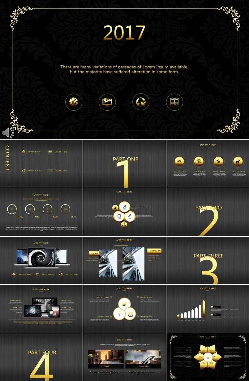 黑色金色花邊高端商務工作總結匯報PPT模板