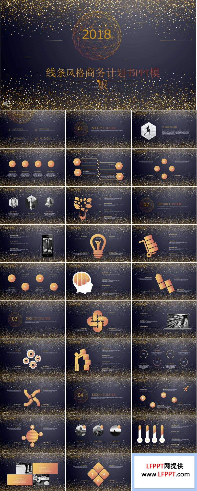 金色线条风格商务计划书PPT模板