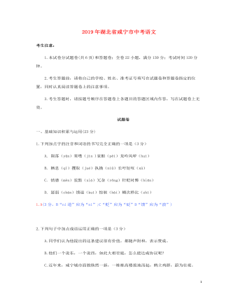 湖北省咸宁市2019年中考语文真题试题（含解析）