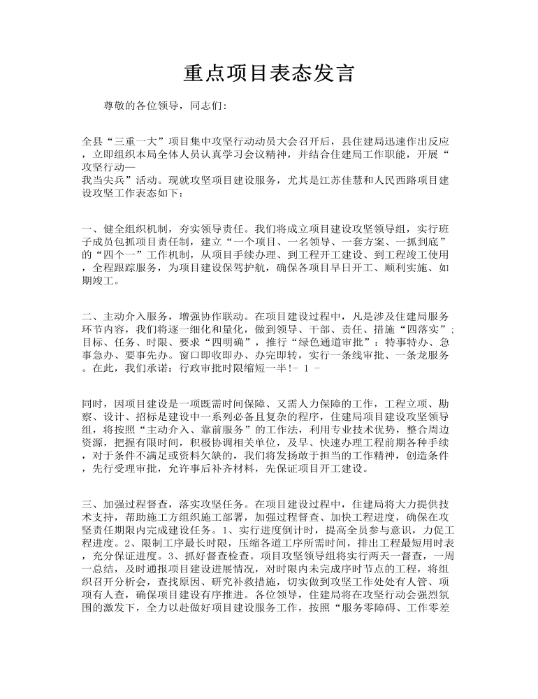 重点项目表态发言