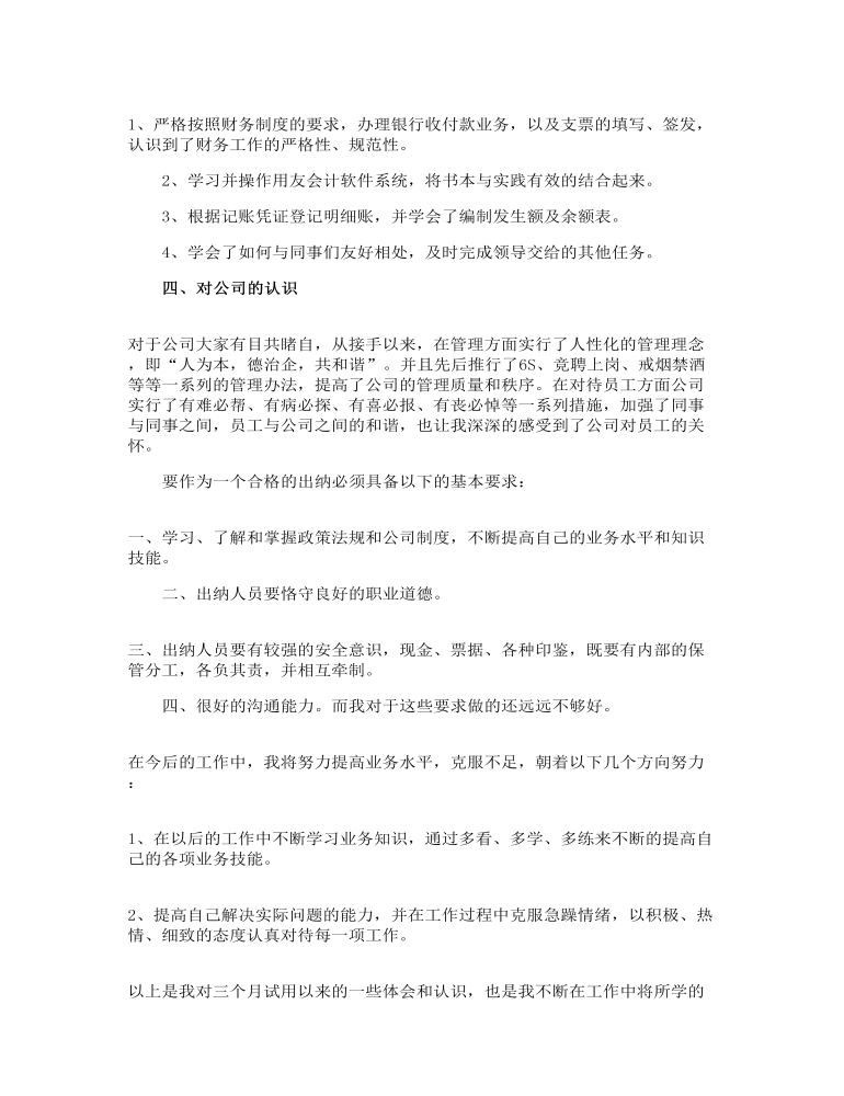 试用期出纳小结发言