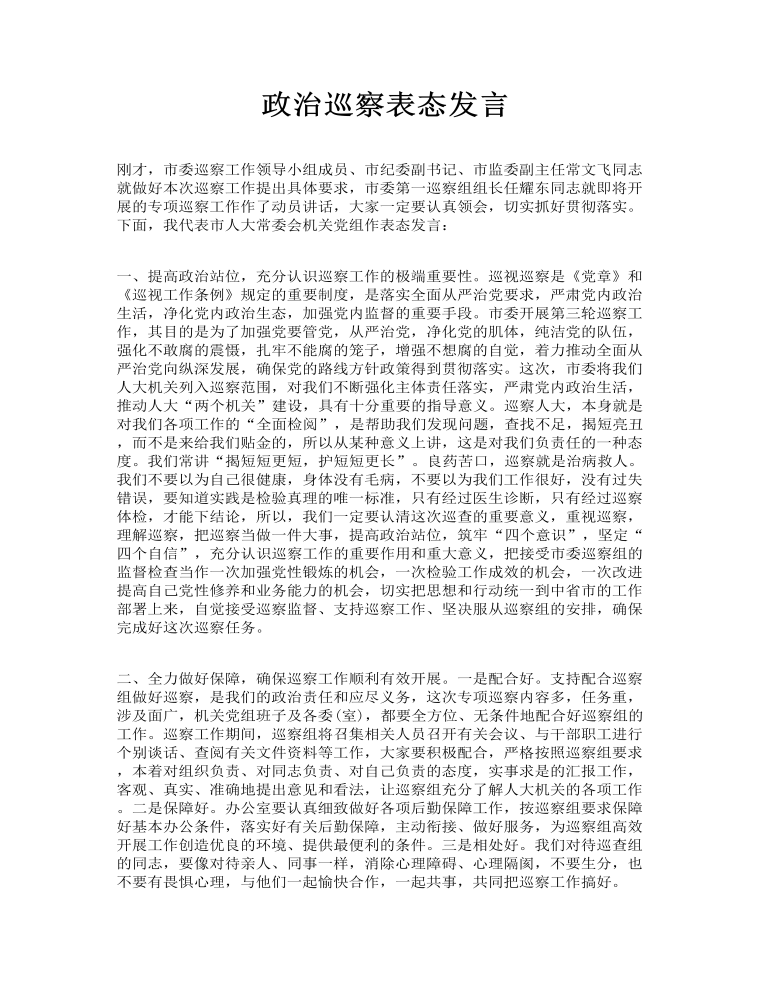 政治巡察表态发言