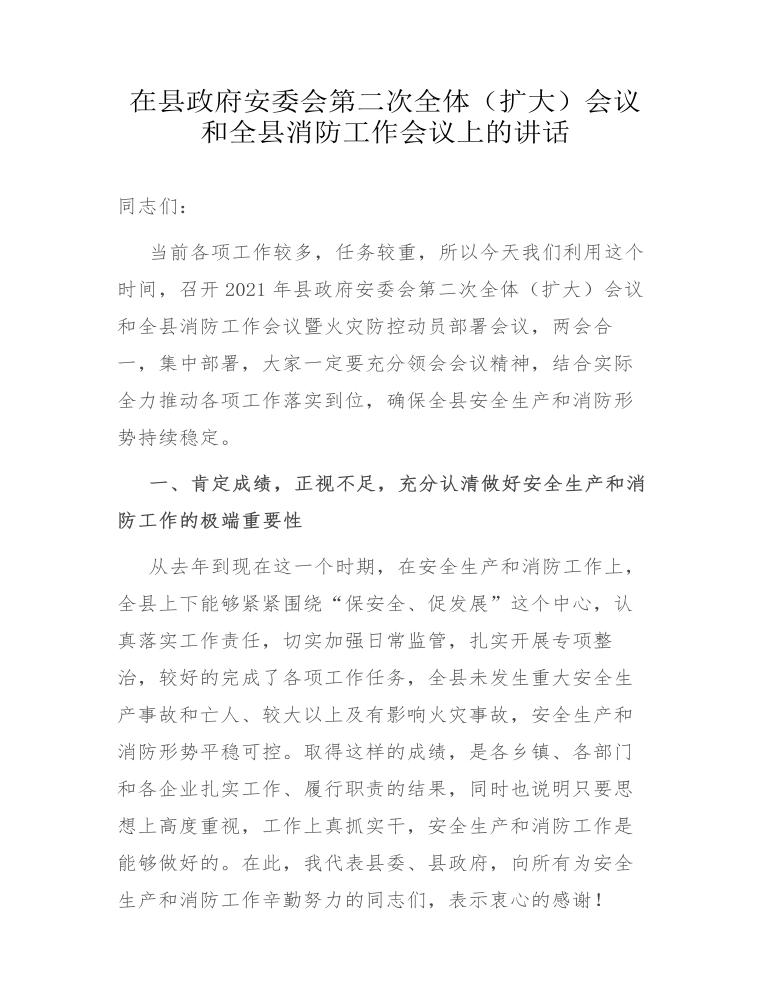 在县政府安委会第二次全体（扩大）会议和全县消防工作会议上的讲话发言