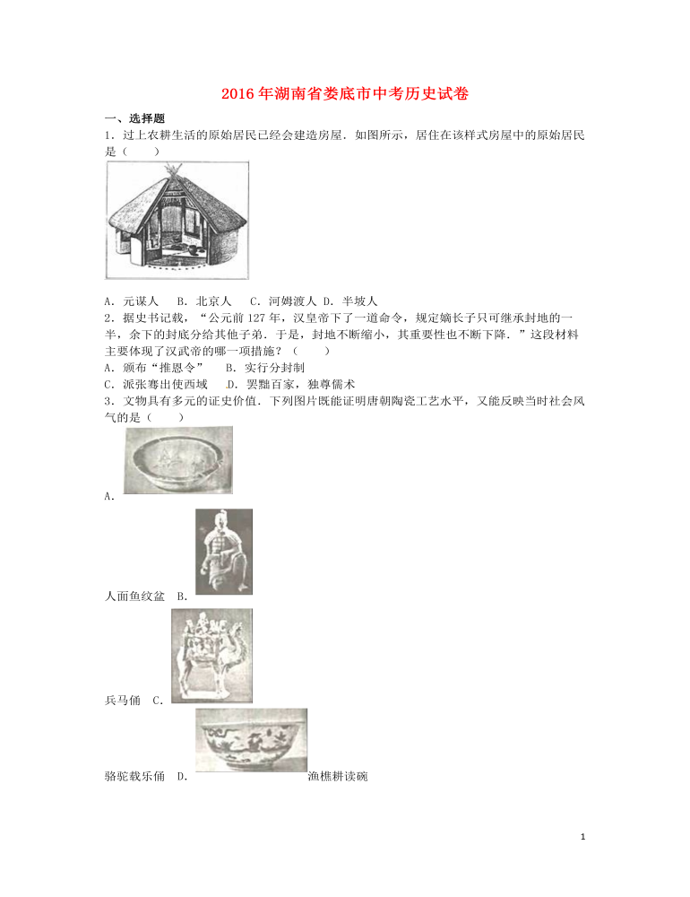 湖南省娄底市2016年中考历史真题试题（含解析）