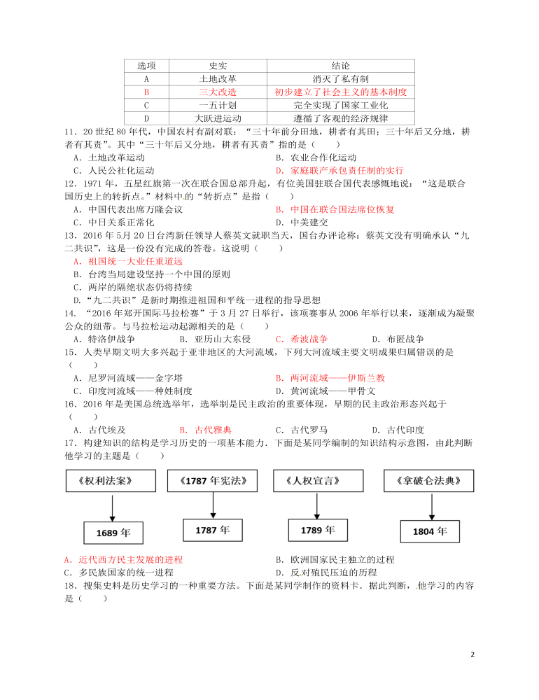 山东省烟台市2016年中考历史真题试题（含答案）