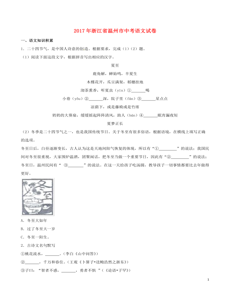 浙江省温州市2017年中考语文真题试题（含解析）