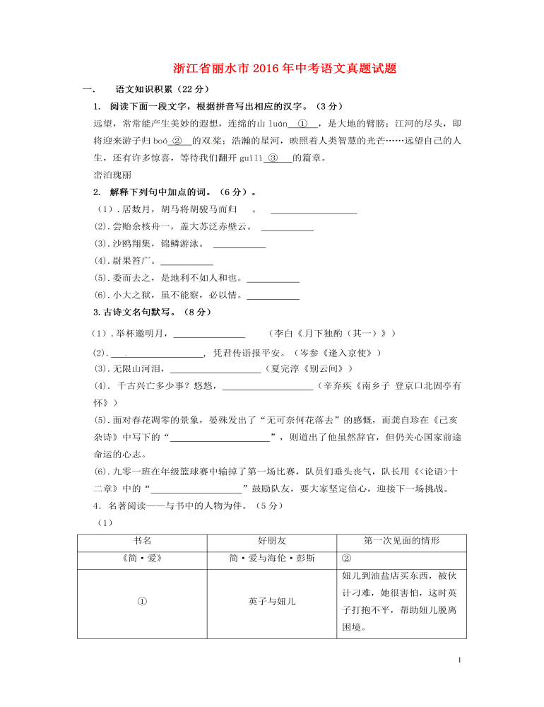 浙江省丽水市2016年中考语文真题试题（含答案）