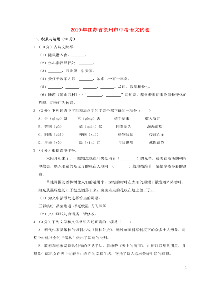 江苏省徐州市2019年中考语文真题试题（含解析）