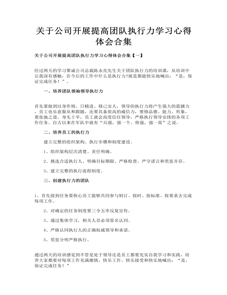 关于公司开展提高团队执行力学习心得体会合集