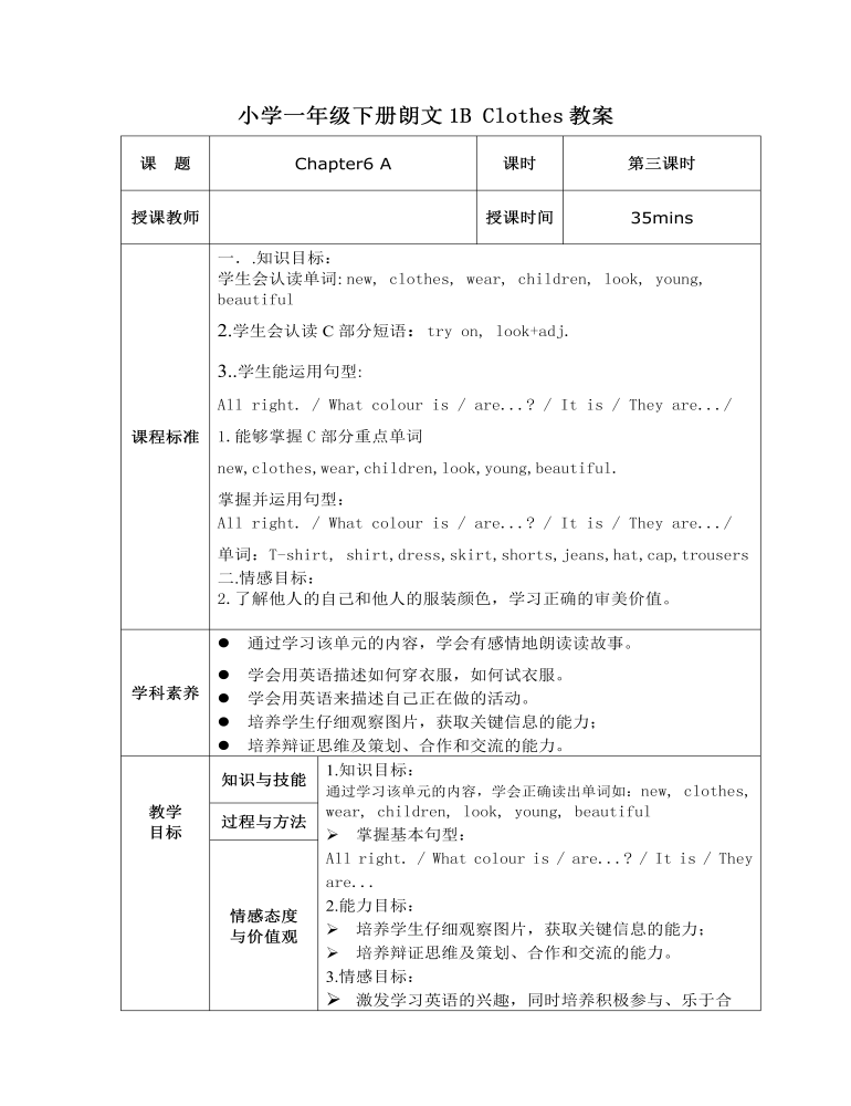 小学一年级下册朗文1B Clothes教案