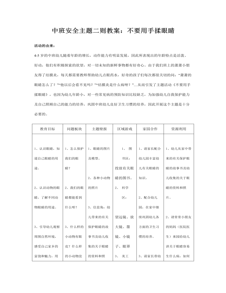 中班安全主题二则教案：不要用手揉眼睛