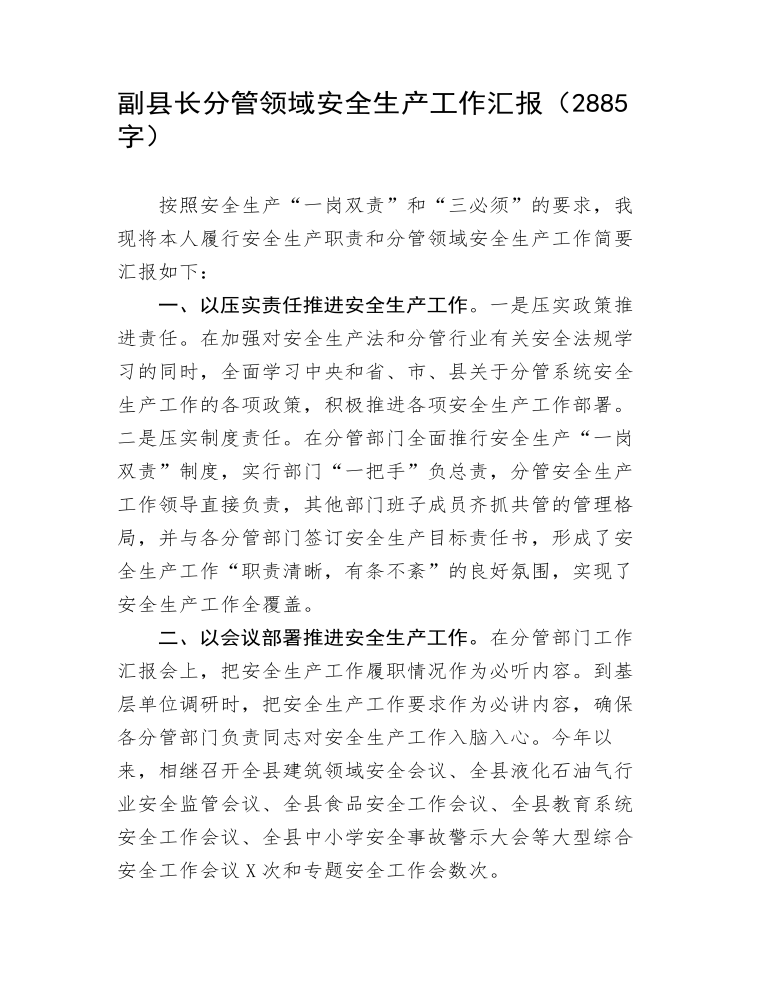 副县长分管领域安全生产工作汇报