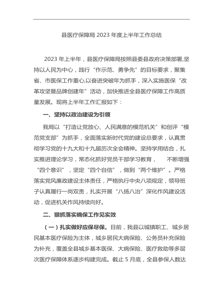 县医疗保障局2023年度上半年工作总结