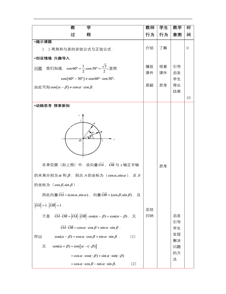 【高教版】中职数学拓展模块：1.1《两角和与差的正弦公式与余弦公式》教案