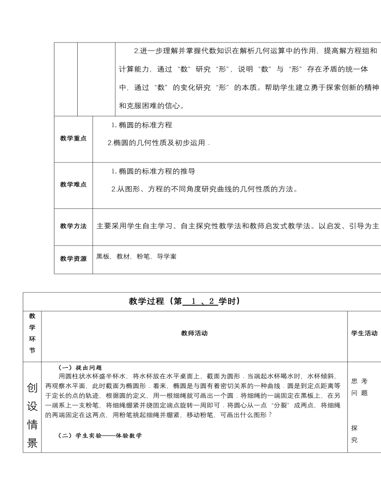 【高教版】中职数学拓展模块：2.1《椭圆》优秀教学设计