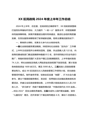 XX区民政局2024年度上半年工作总结