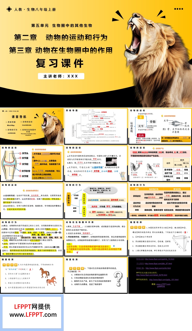 第五单元第二、三章动物的运动和行为、动物在生物圈中的作用复习课件人教八年级生物上册PPT课件含教案