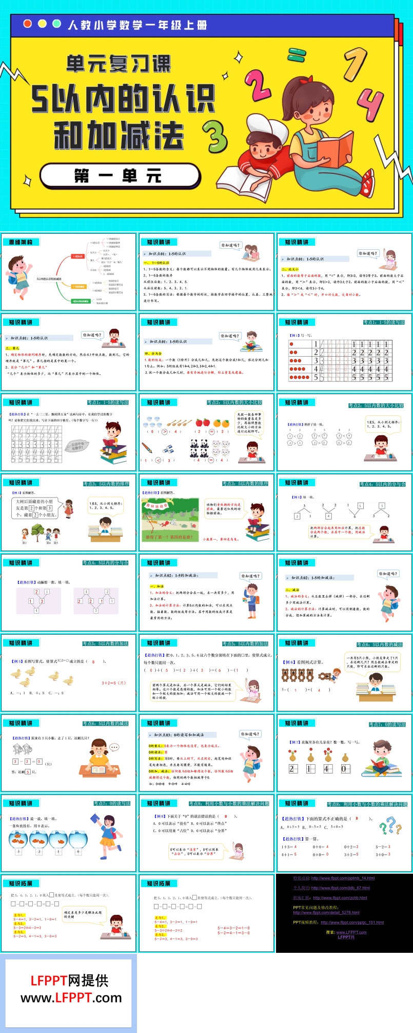 第一单元5以内的认识和加减法一年级数学上册期末复习讲练测人教PPT课件含教案