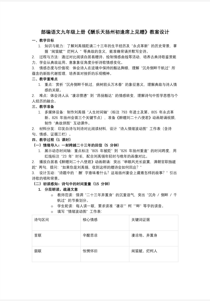 《酬乐天扬州初逢席上见赠》部编语文九年级上册PPT课件含教案教案图片