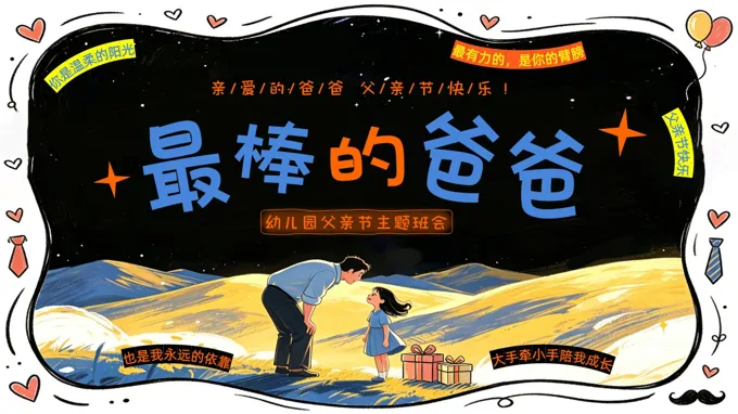 手绘涂鸦父亲节主题班会PPT含讲稿