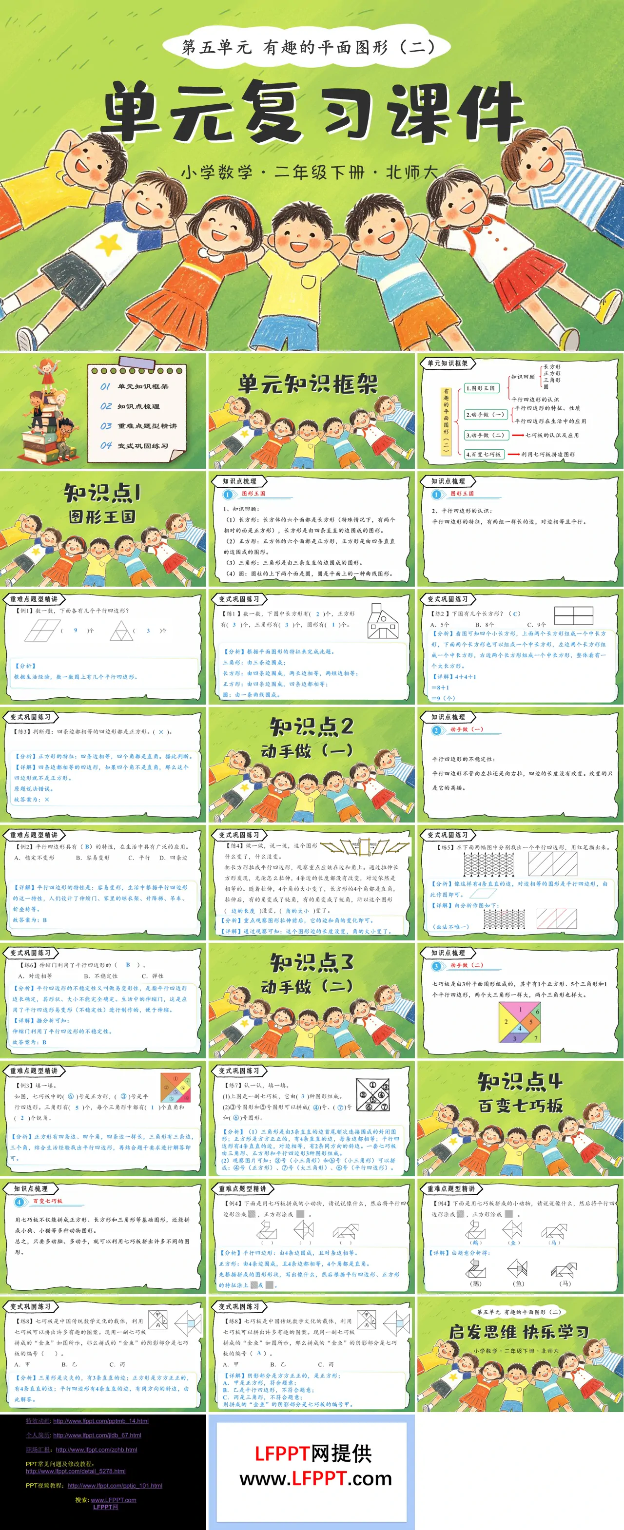 二年级数学下册北师大 第五单元《有趣的平面图形（二）》单元复习ppt课件（知识清单）