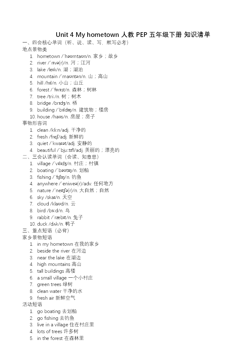 Unit 4 My hometown 单元复习五年级英语下册人教PEP新教材PPT课件（含知识清单）教案图片