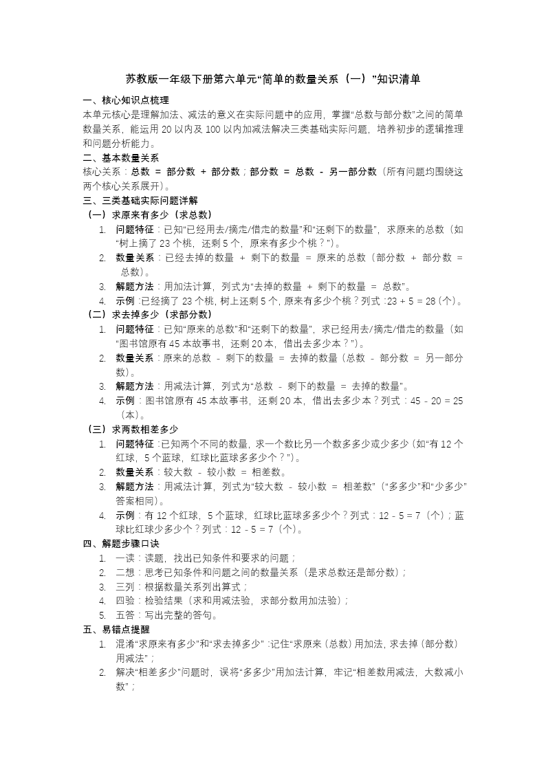 第六单元 简单的数量关系（一）单元复习苏教小学数学一年级下册PPT课件（含知识清单+单元测试卷）教案图片