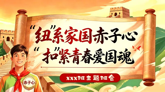 “纽”系家国赤子心，“扣”紧青春爱国魂主题班会PPT含讲稿之动态PPT模板