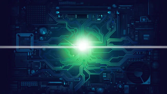 高科技电路背景神奇光对射动画PPT结束页PPT模板