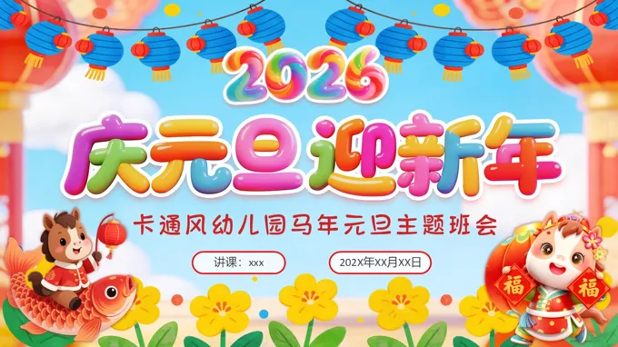 2026年马年元旦PPT幼儿园主题班会含讲稿