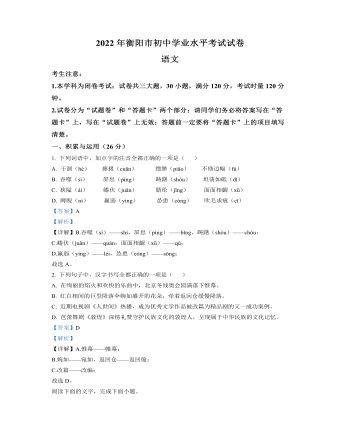 2022年湖南省衡阳市中考语文真题（解析版）